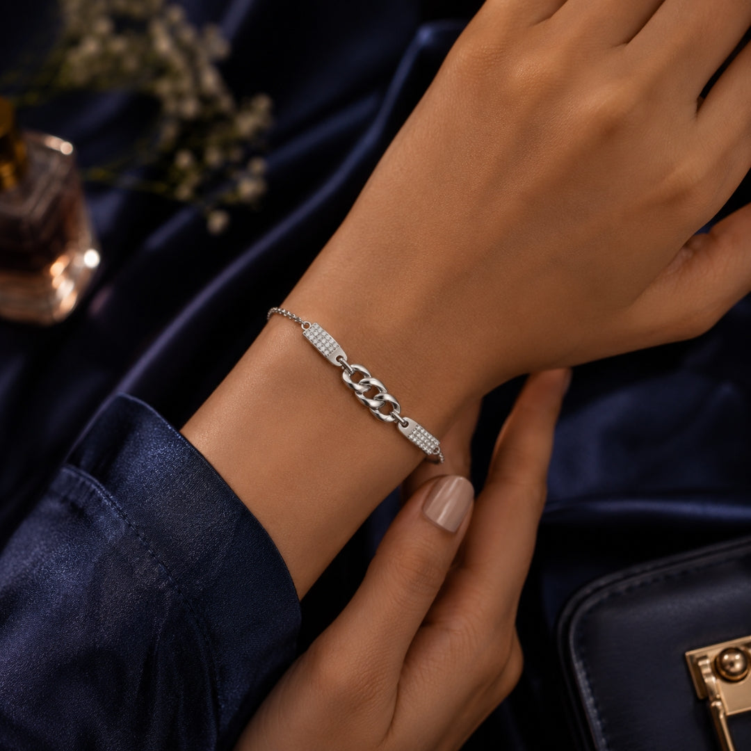Sterling Silver Link Bracelet with Cubic Zirconia Bar Accents for Women and Girls