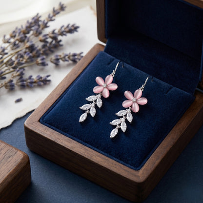 Sterling Silver Pink Floral CZ Leaf Dangler Earrings for Women