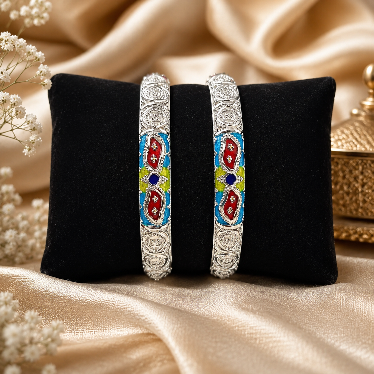 Sterling Silver Teal Maroon Meenakari Manipuri Bangle Set for Women
