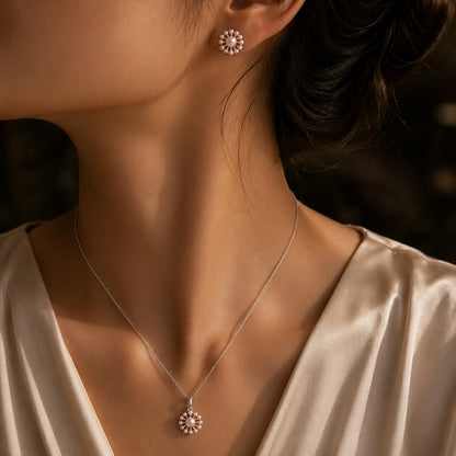 Sterling Silver Sunflower Design Pendant with Chain and Earrings Set For Women And Girls