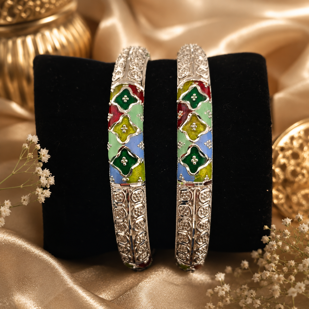 Sterling Silver Petal Motif Meenakari Manipuri Bangle Set for Women