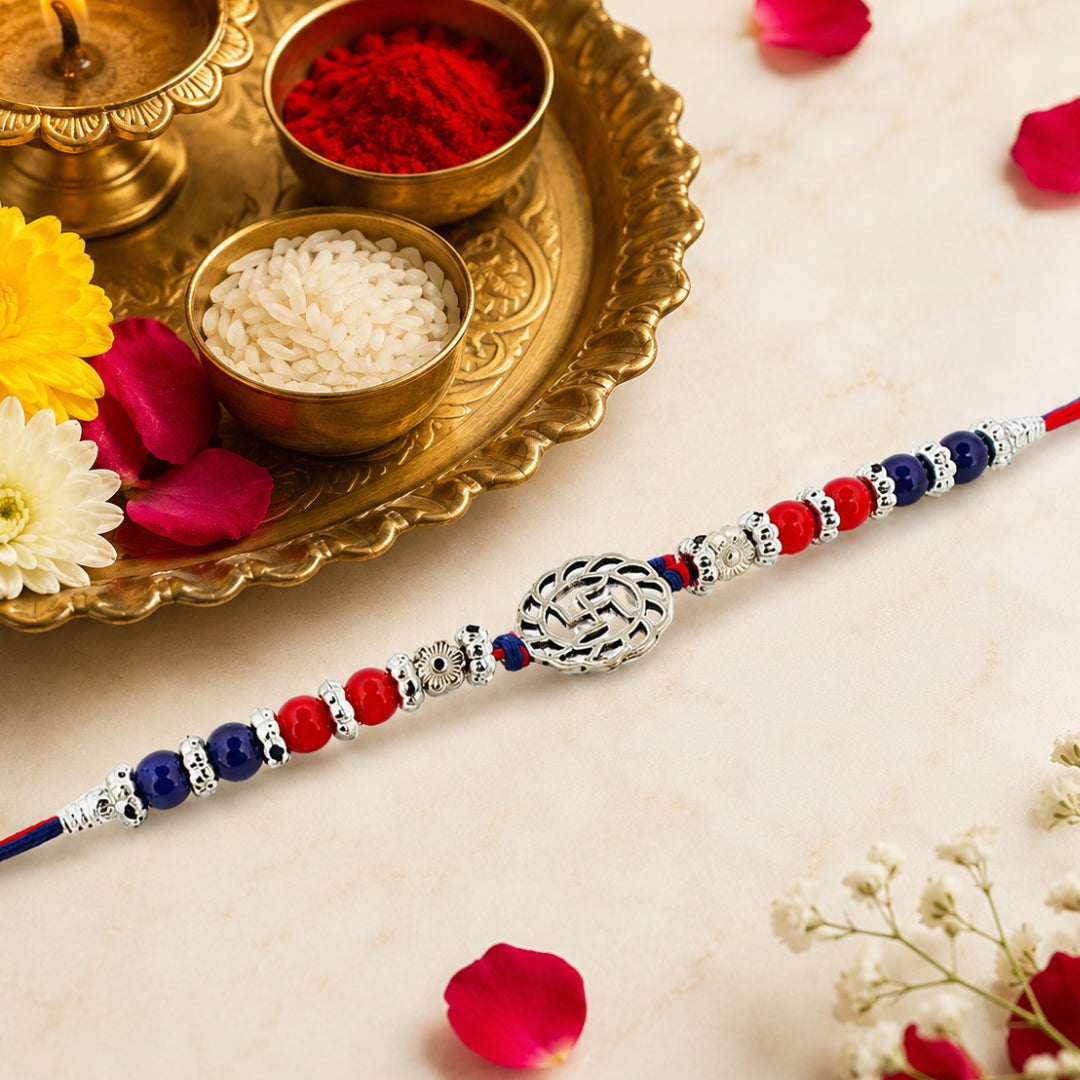 Sterling Silver Oxidized Swastik Rakhi For Brother