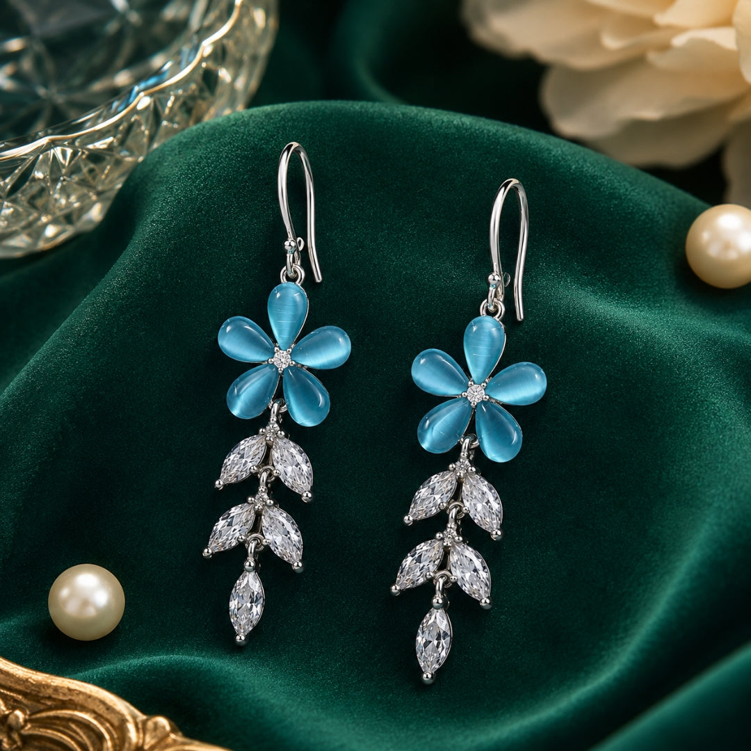 Sterling Silver Persian Blue Floral CZ Leaf Dangler Earrings for Women