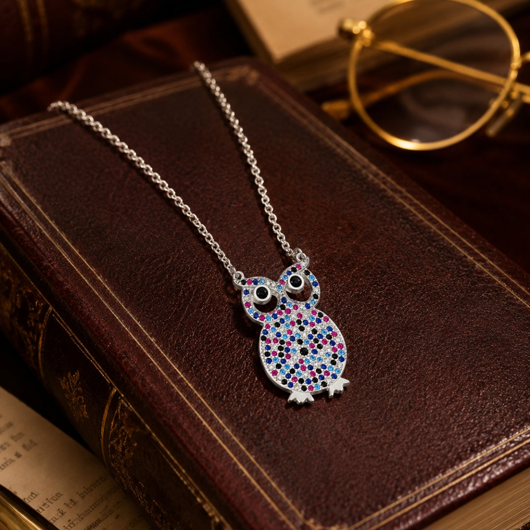 Sterling Silver Multicolour Owl Chain Pendant for Women & Girls