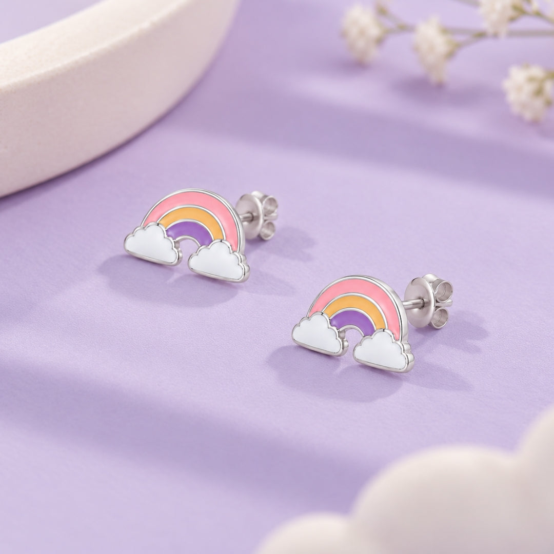 925 Sterling Silver Pink, Peach & Purple Rainbow Cloud Stud Earrings for Girls