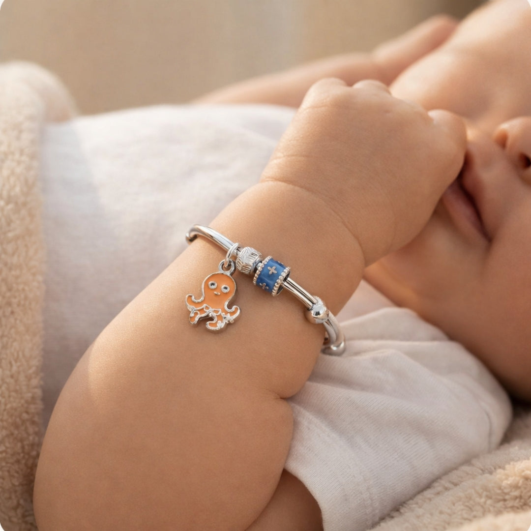 925 Sterling Silver Kids Adjustable Octopus Charm Bangle