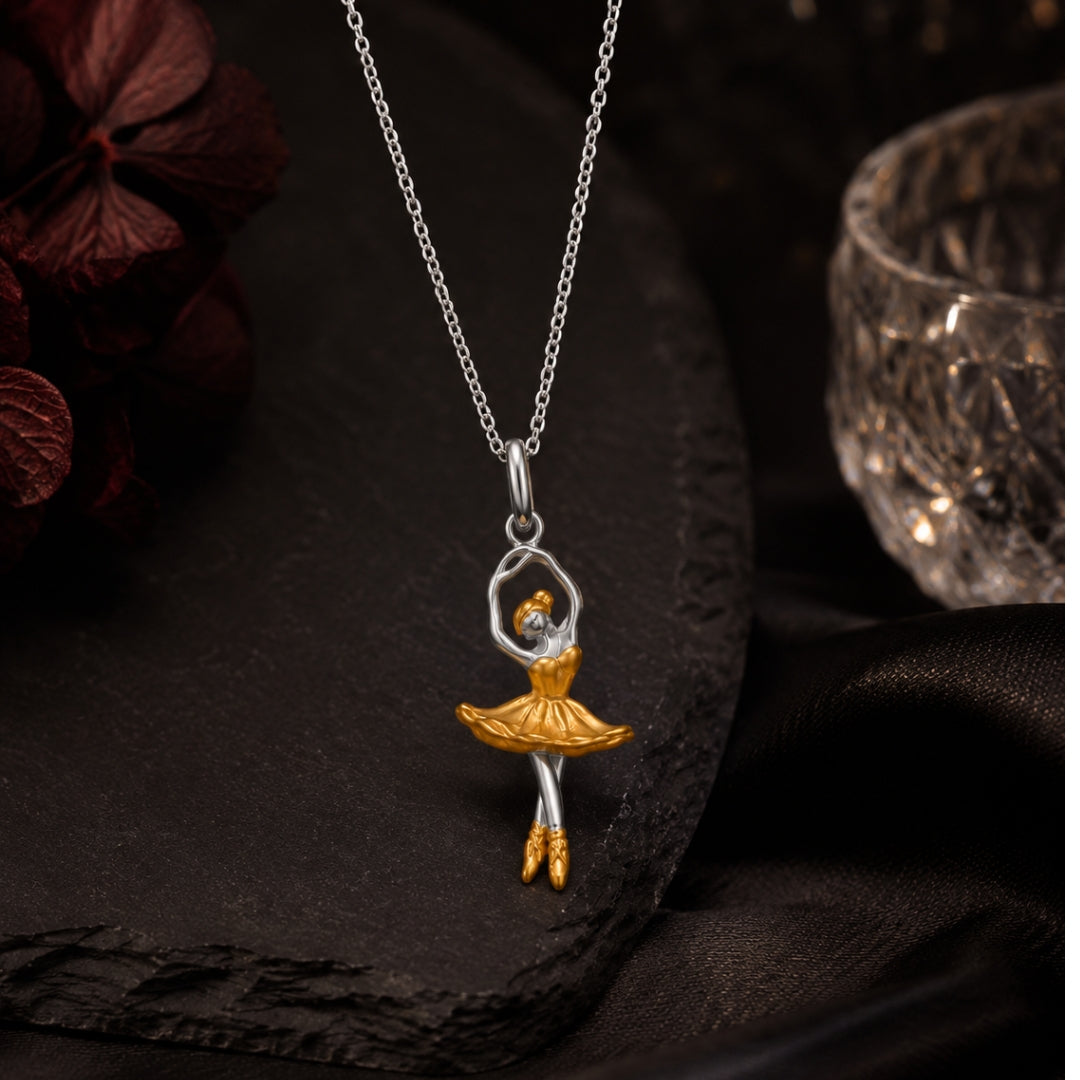 Sterling Silver Two Tone Dancing Doll Pendant with Chain and Earrings Set Women And Girls