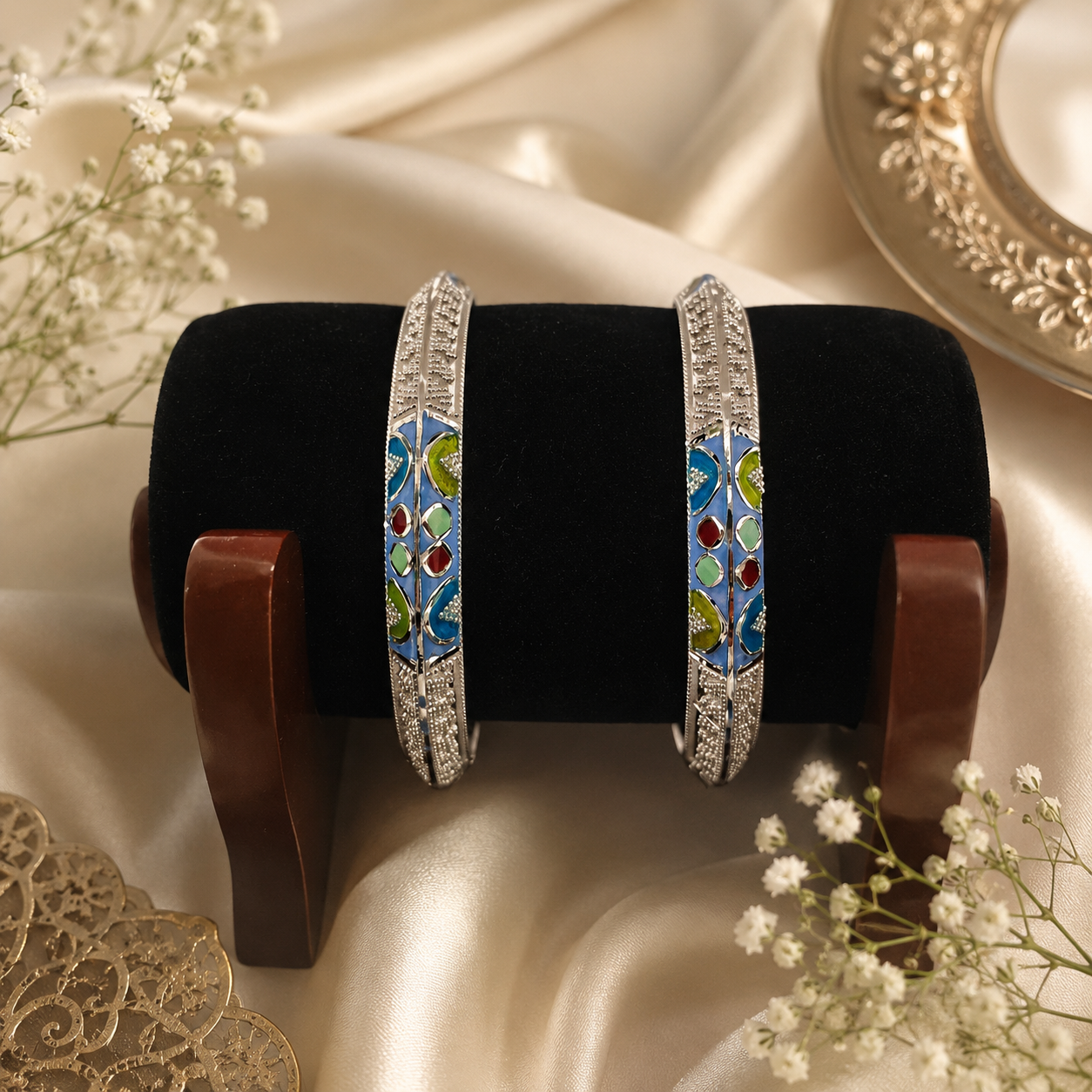 Sterling Silver Sky Blue Meenakari Manipuri Bangle Set for Women