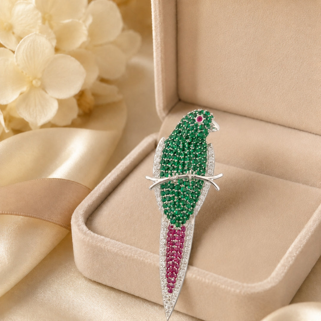 Sterling Silver Green Stone Studded Bird Brooch Cum Pendant for Men and Women