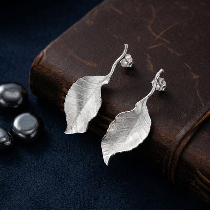 Sterling Silver Textured Leaf Drop Earrings For Women and Girls