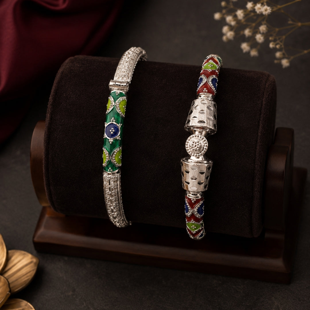 Sterling Silver Red and Green Manipuri Bangle for Women