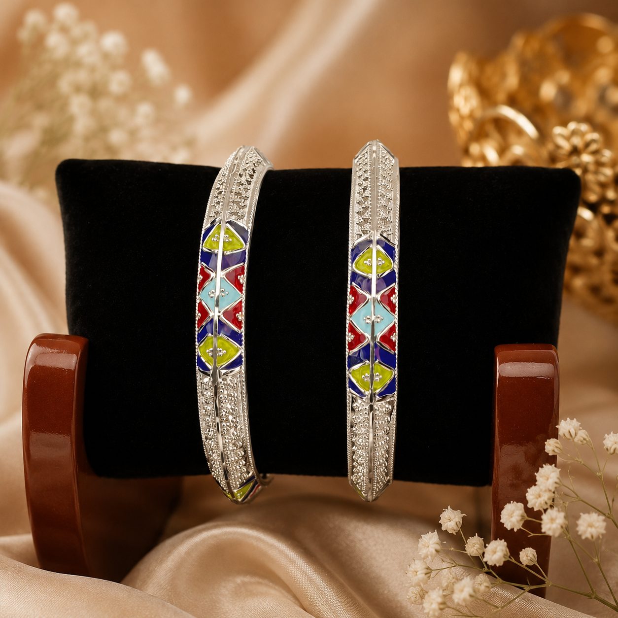 Sterling Silver Triangle Motif Meenakari Manipuri Bangle Set for Women