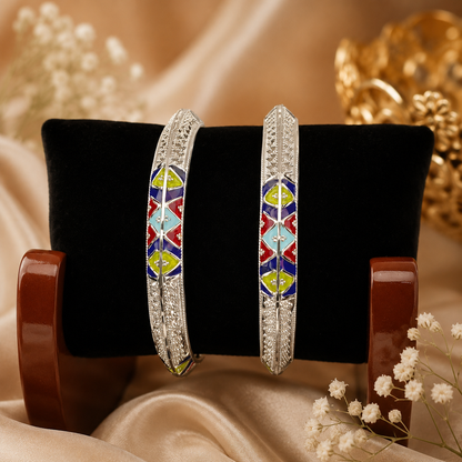 Sterling Silver Triangle Motif Meenakari Manipuri Bangle Set for Women