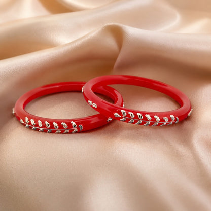 925 Sterling Silver Red Pola Bangle Pair with Floral Motif Detailing for Women