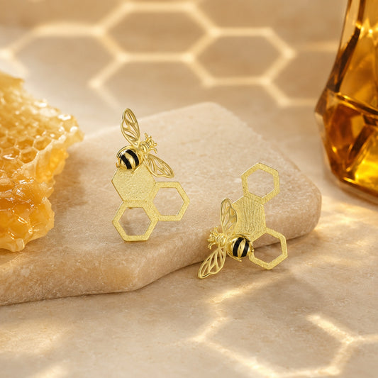 Sterling Silver Gold Plated Honeycomb Bee Stud Earrings For Women & Girls
