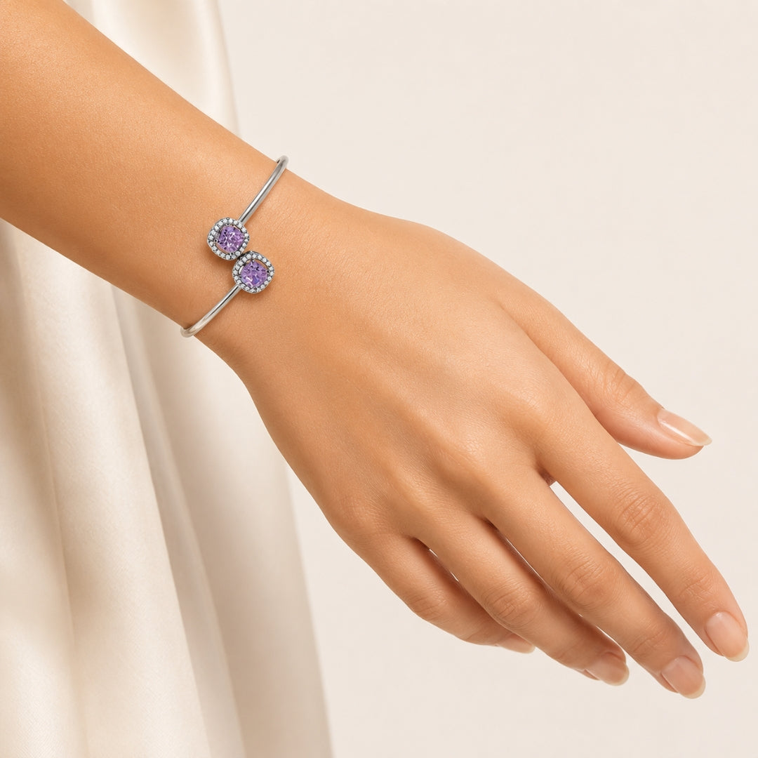 Sterling Silver Open Cuff Bangle with Pink Cushion Cubic Zirconia Halo Stones for Women & Girls