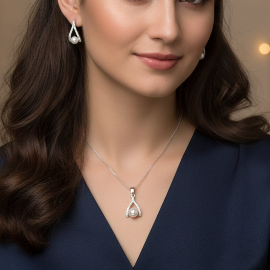 Sterling Silver Pearl harmony pendant with earrings set (Without Chain)for Women