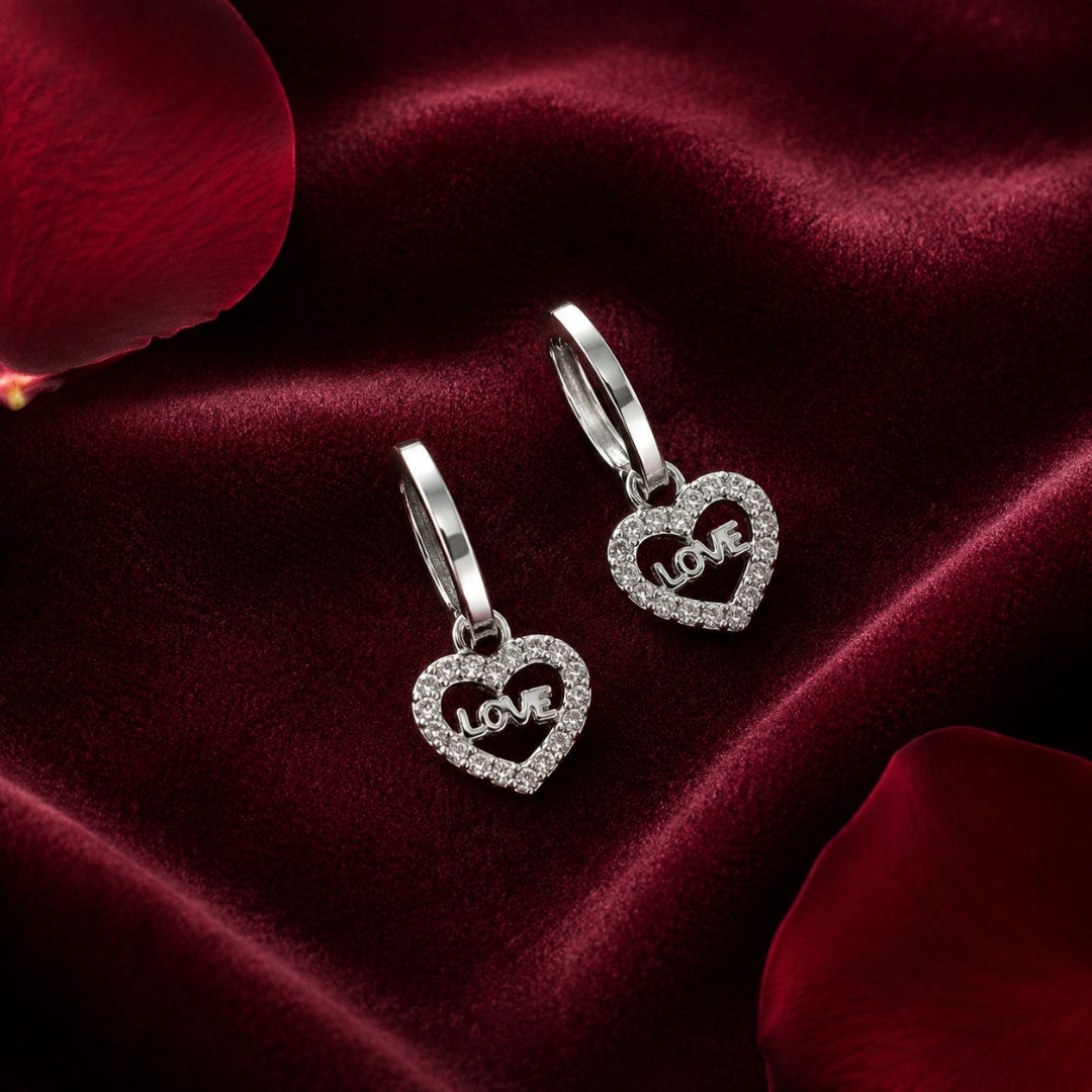 Sterling Silver Heart Drop LOVE Motif Earrings For Women & Girls