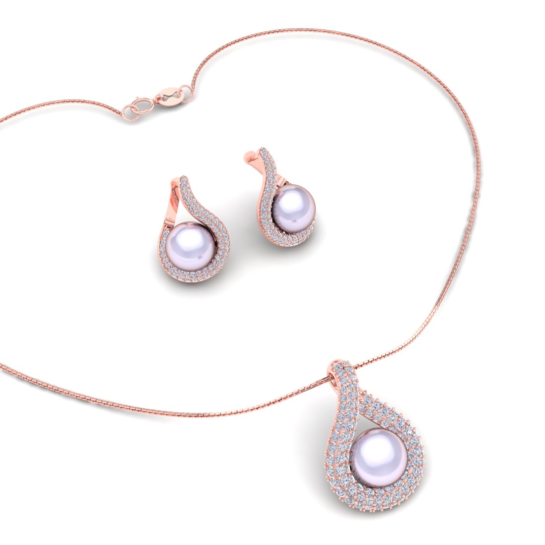 Rose Gold Tone Infinity Pearl Zircon Pendant Set with Chain & Earrings for Women & Girls