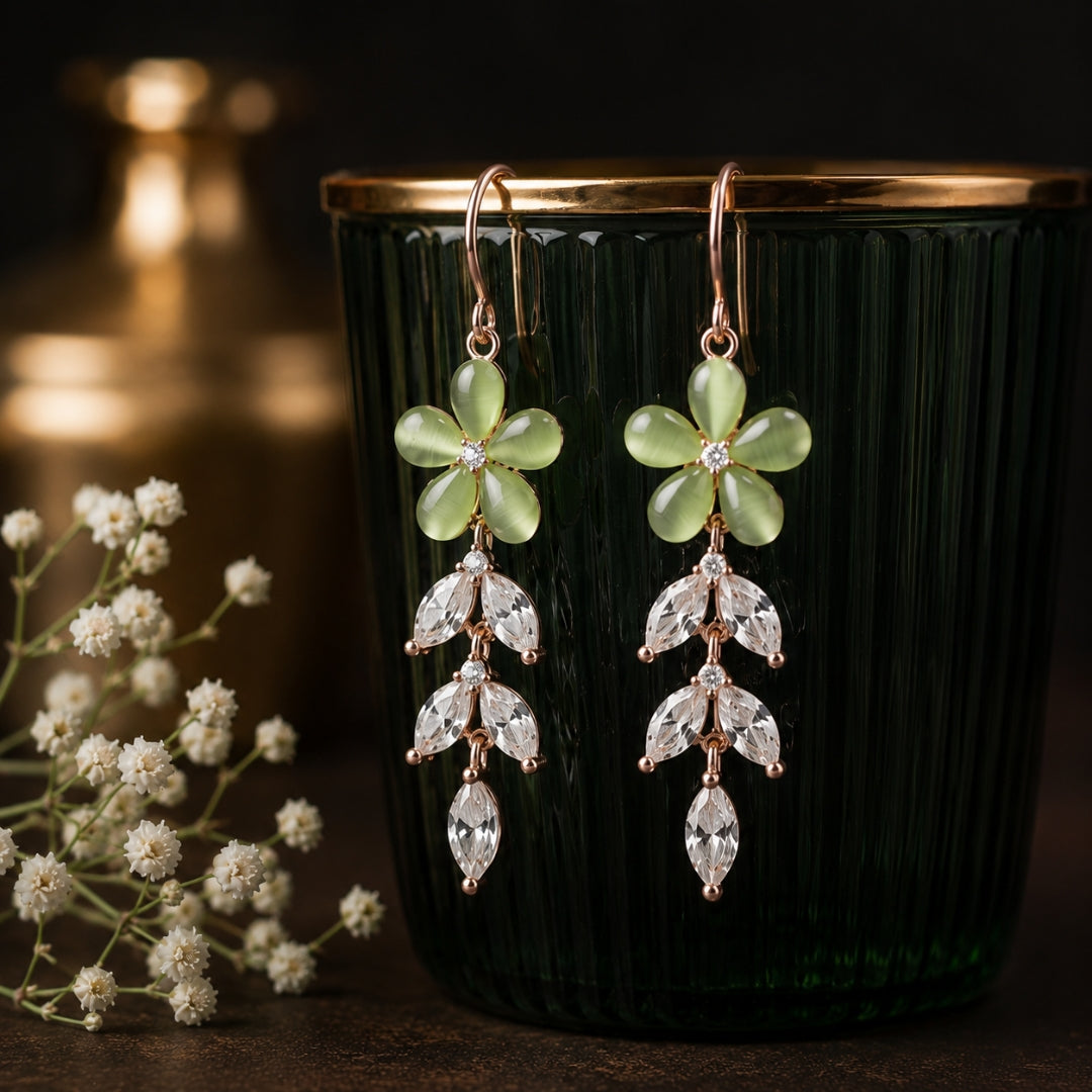 Sterling Silver Rose Gold Plated Green Floral CZ Leaf Dangler Earrings for Women
