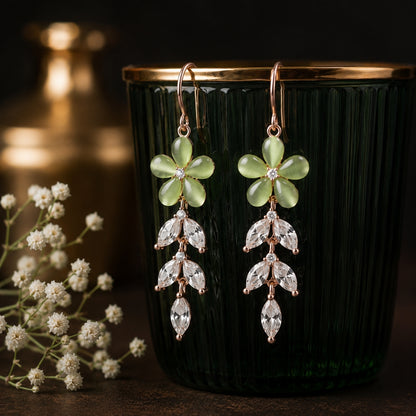 Sterling Silver Rose Gold Plated Green Floral CZ Leaf Dangler Earrings for Women