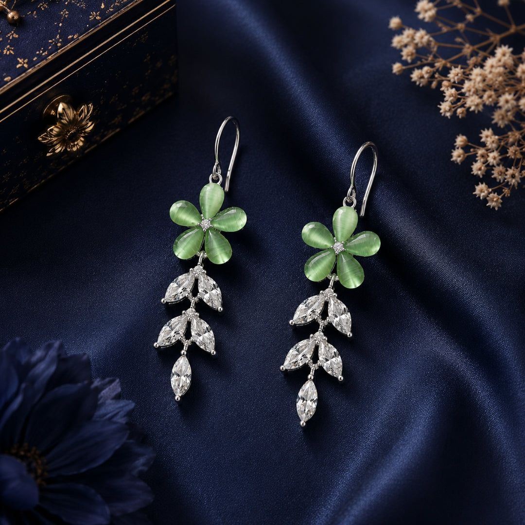 Sterling Silver Green Floral CZ Leaf Dangler Earrings for Women