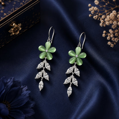 Sterling Silver Green Floral CZ Leaf Dangler Earrings for Women