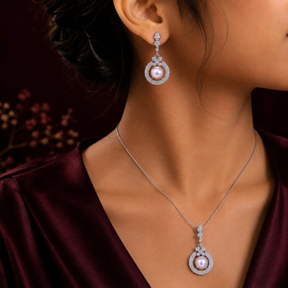 Sterling Silver Cubic Zirconia Studded Pearl Style Pendant Chain and Earrings Set for Women and Girls