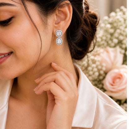 Sterling Silver Cushion & Oval CZ Halo Drop Earrings for Women