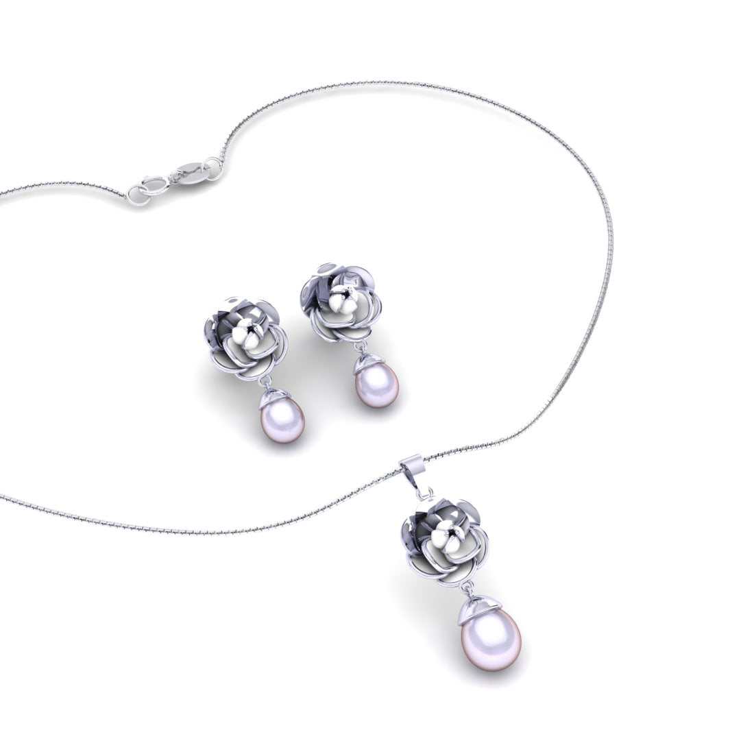 Sterling Silver floral pearl drop chain pendant with earrings for women and girls
