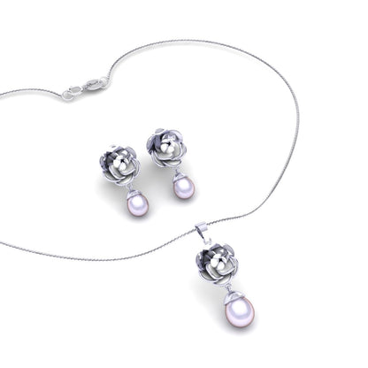 Sterling Silver floral pearl drop chain pendant with earrings for women and girls