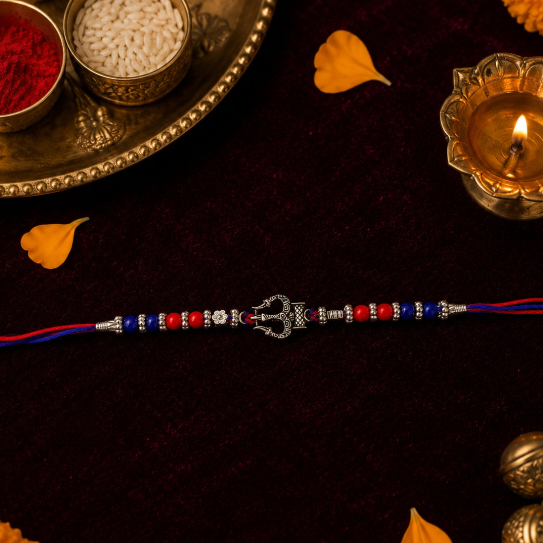 Sterling Silver Oxidised Three Spears Damru Rakhi for Brother