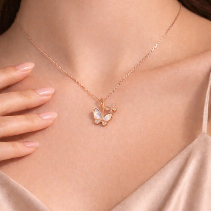 Sterling Silver Rose Gold Floral Butterfly Chain Pendant for Women