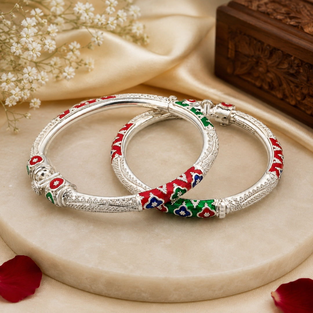 Sterling Silver Dark Green and Red Manipuri Bangle for Women