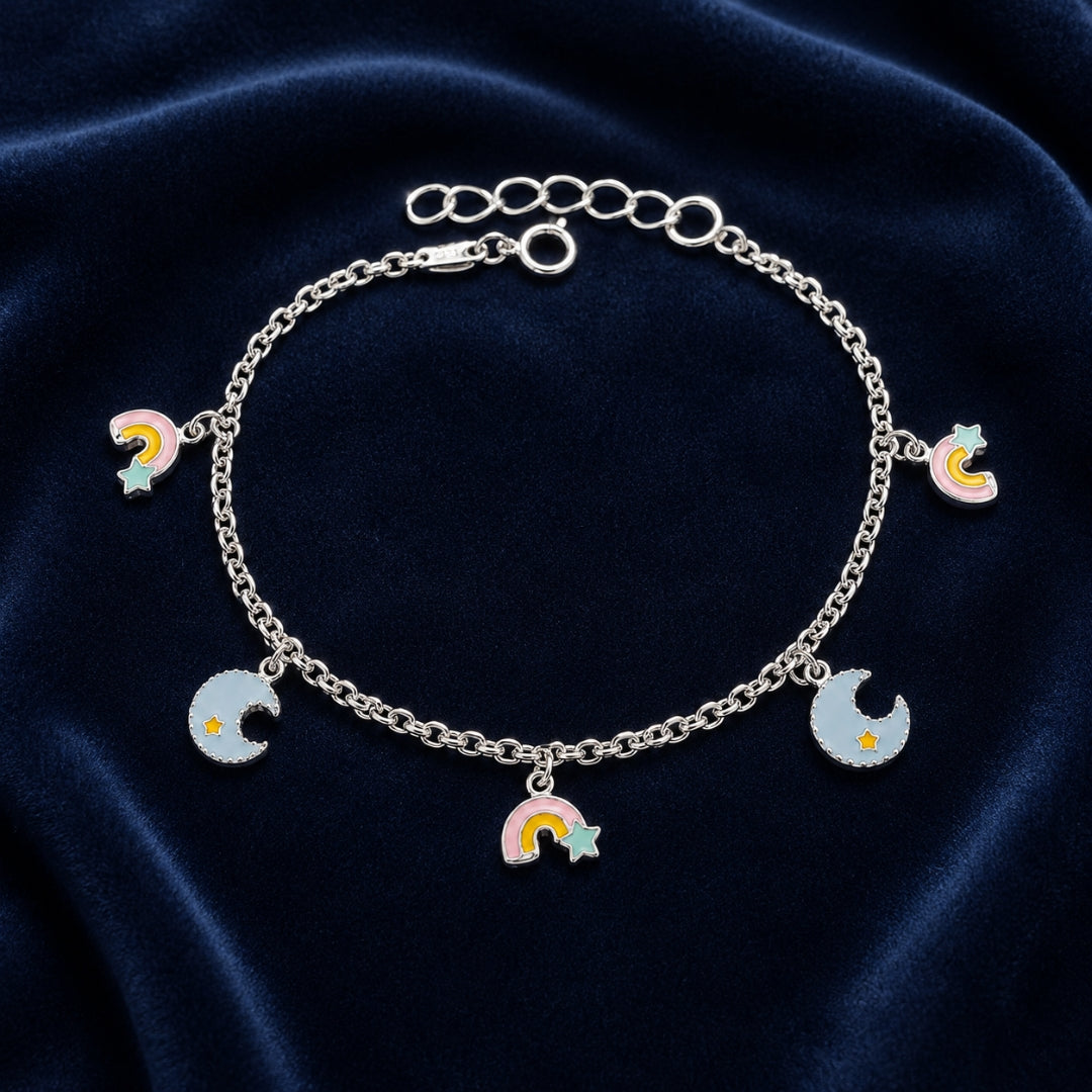 Sterling Silver Rainbow Moon Charm Bracelet for Kids