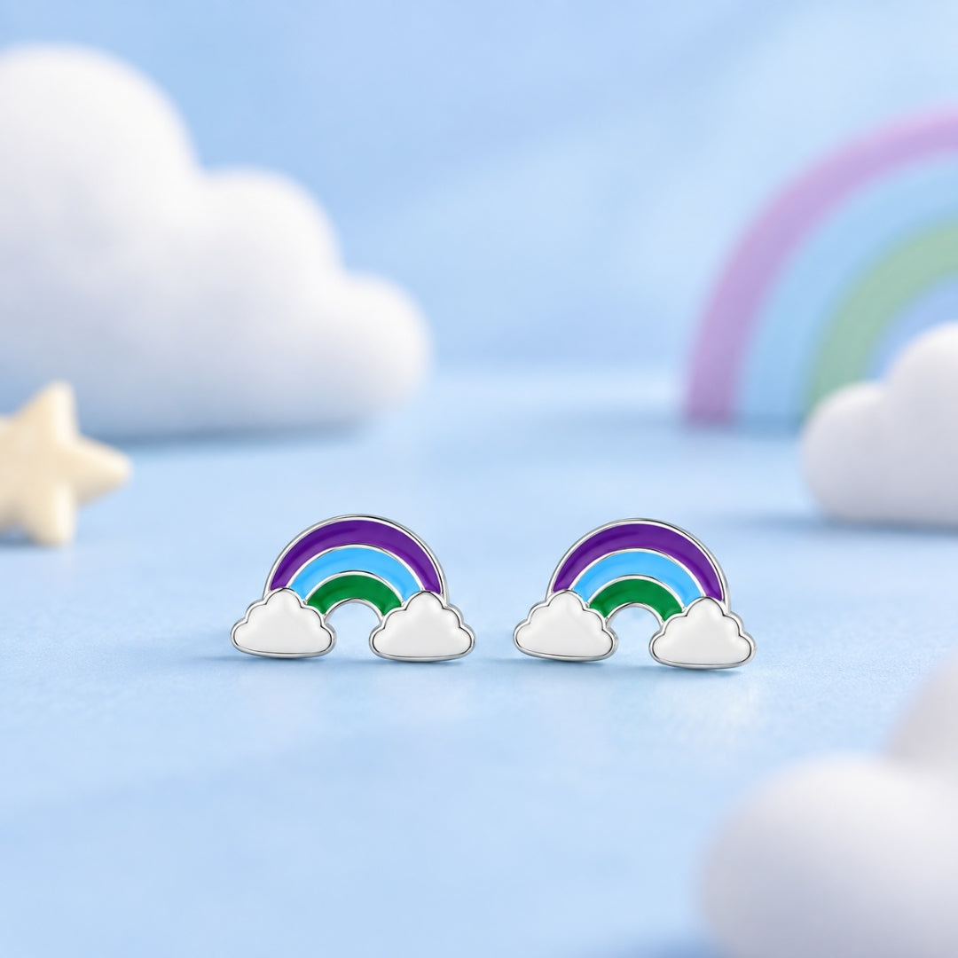 925 Sterling Silver Purple, Blue & Green Rainbow Cloud Stud Earrings for Girls