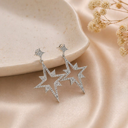 Sterling Silver Star Dangle Cubic Zirconia Earrings for Women