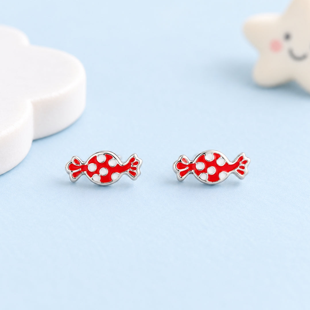 925 Sterling Silver Red & White Polka Candy Stud Earrings for Girls