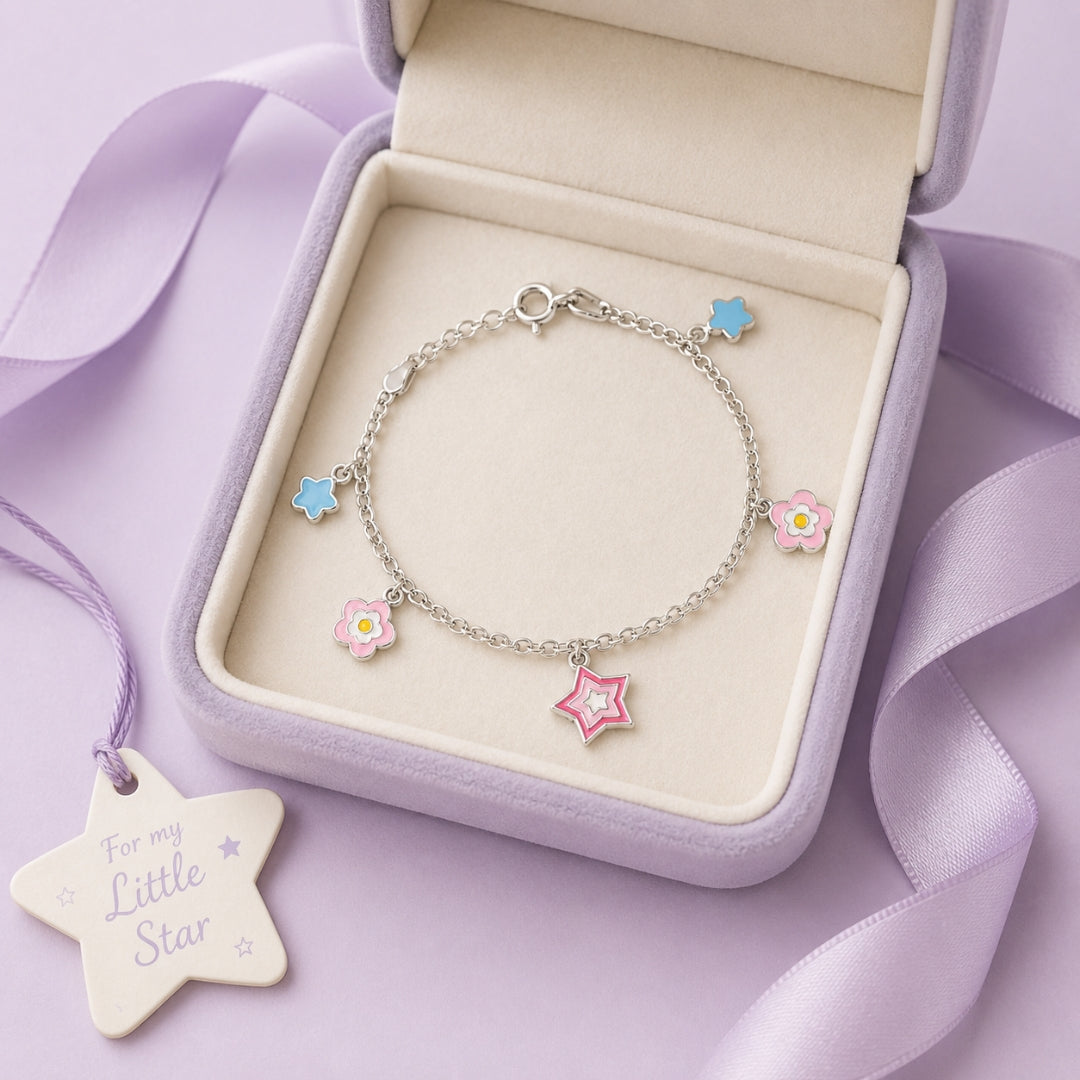 Sterling Silver Flower and Star Charm Bracelet for Kids