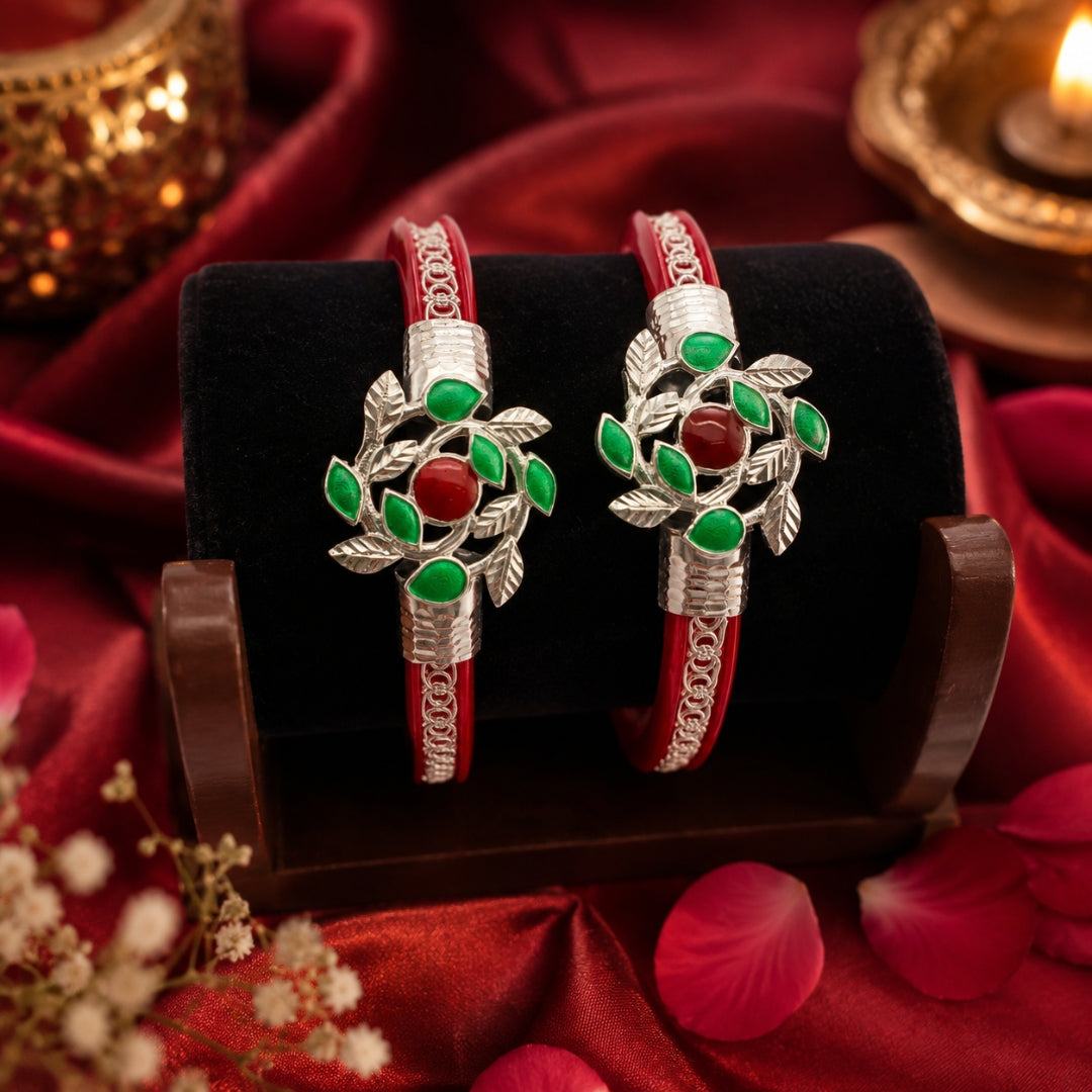 925 Sterling Silver Red Pola Bangle Pair with Green Leaf Motif for Women