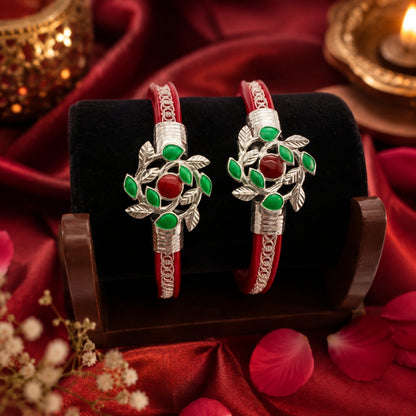 925 Sterling Silver Red Pola Bangle Pair with Green Leaf Motif for Women