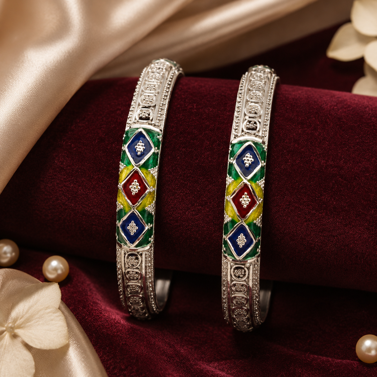 Sterling Silver Geometric Meenakari Manipuri Bangle Set for Women