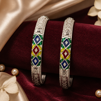 Sterling Silver Geometric Meenakari Manipuri Bangle Set for Women