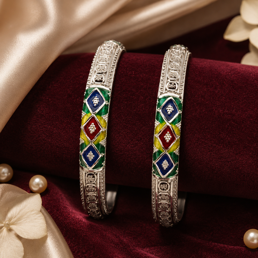Sterling Silver Geometric Meenakari Manipuri Bangle Set for Women