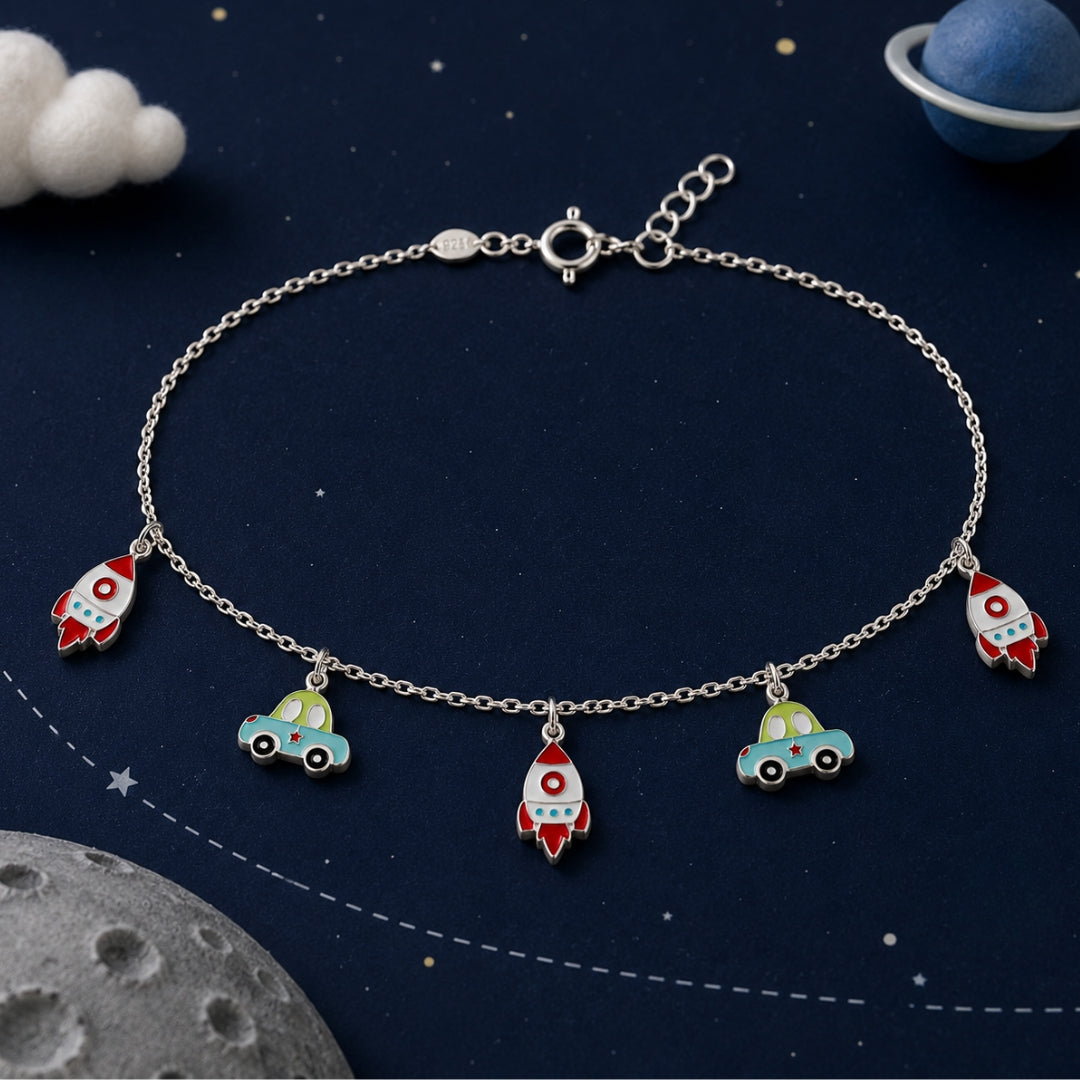 Sterling Silver Space Rocket and Car Charm Bracelet for Kids