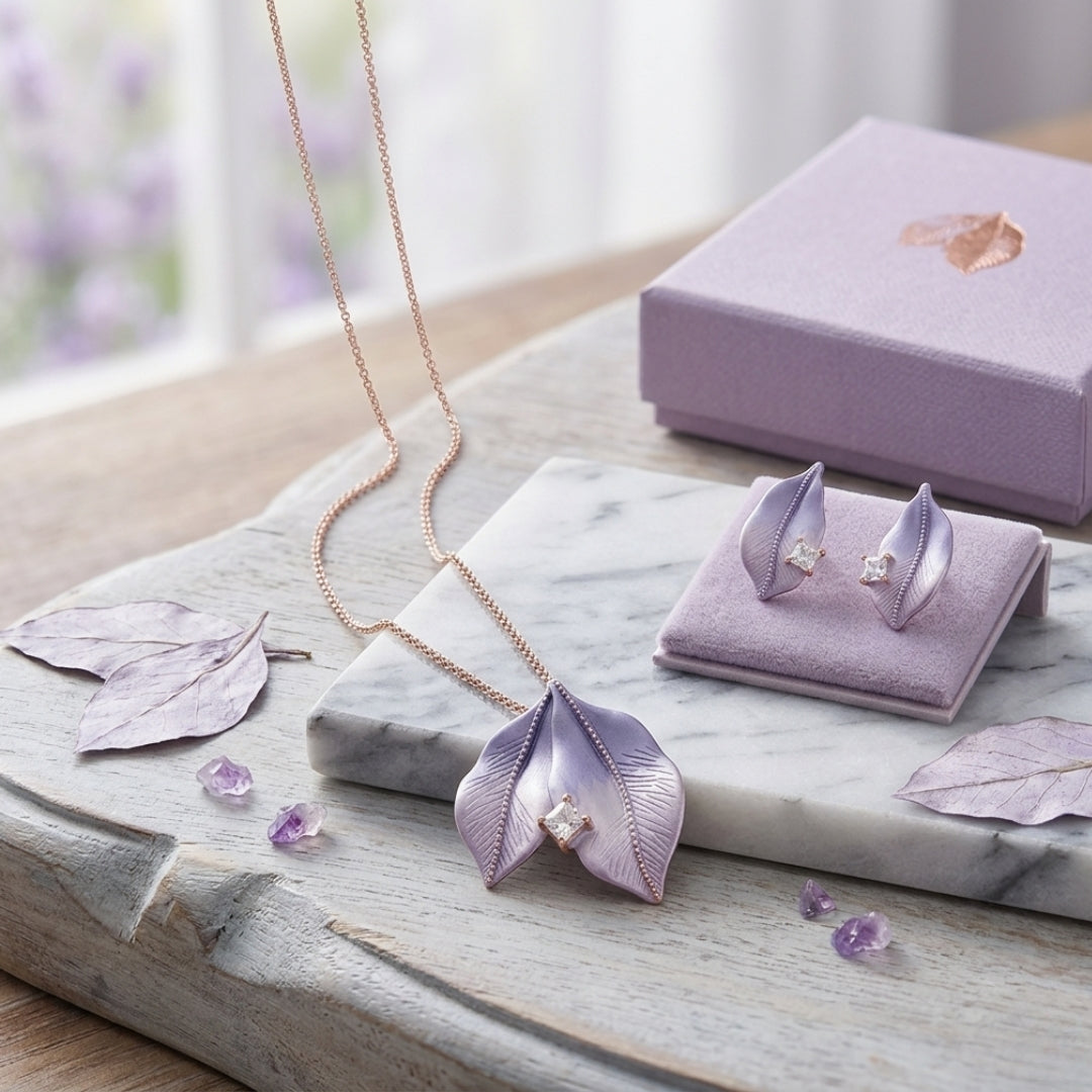 Sterling Silver Rose Gold Plated Lavender Leaf Pendant with Earrings Set for Women