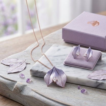Sterling Silver Rose Gold Plated Lavender Leaf Pendant with Earrings Set for Women