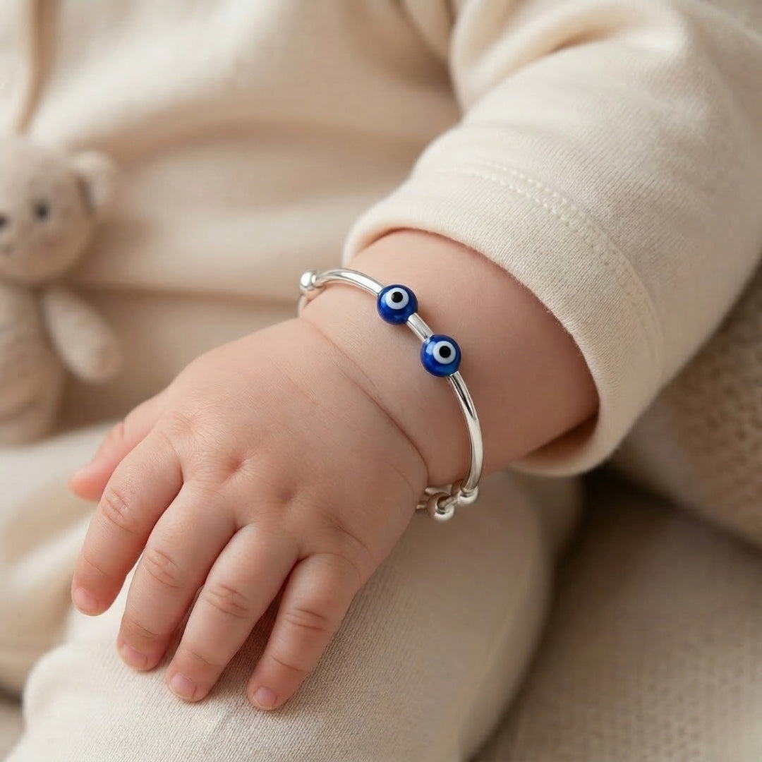 Sterling Silver Kids Adjustable Dual Evil Eye Nazariya Bangle