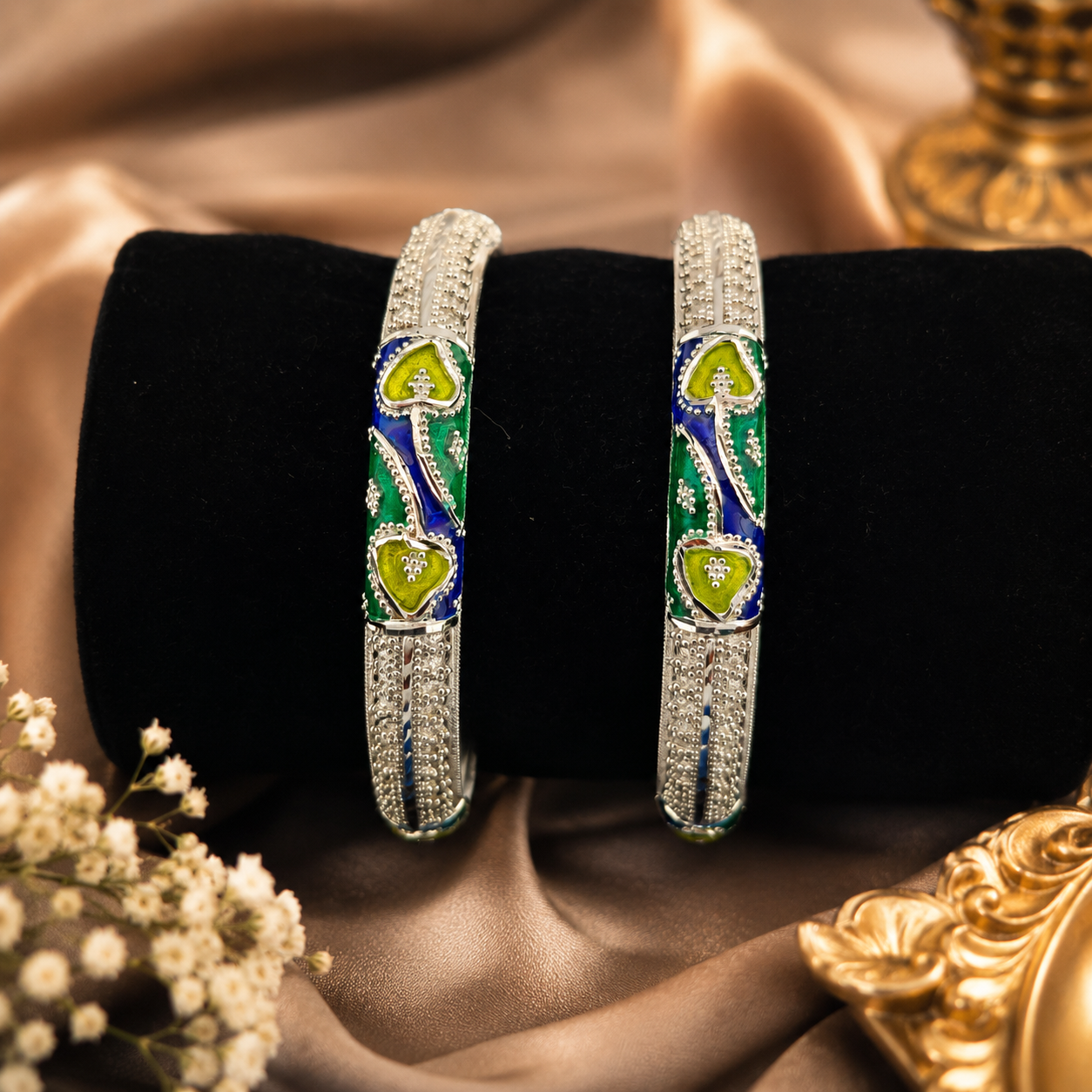 Sterling Silver Green Blue Vine Meenakari Manipuri Bangle Set for Women