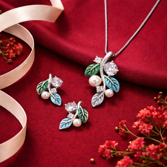 Sterling Silver Leaf Chain Pendant with Earrings Set for Women